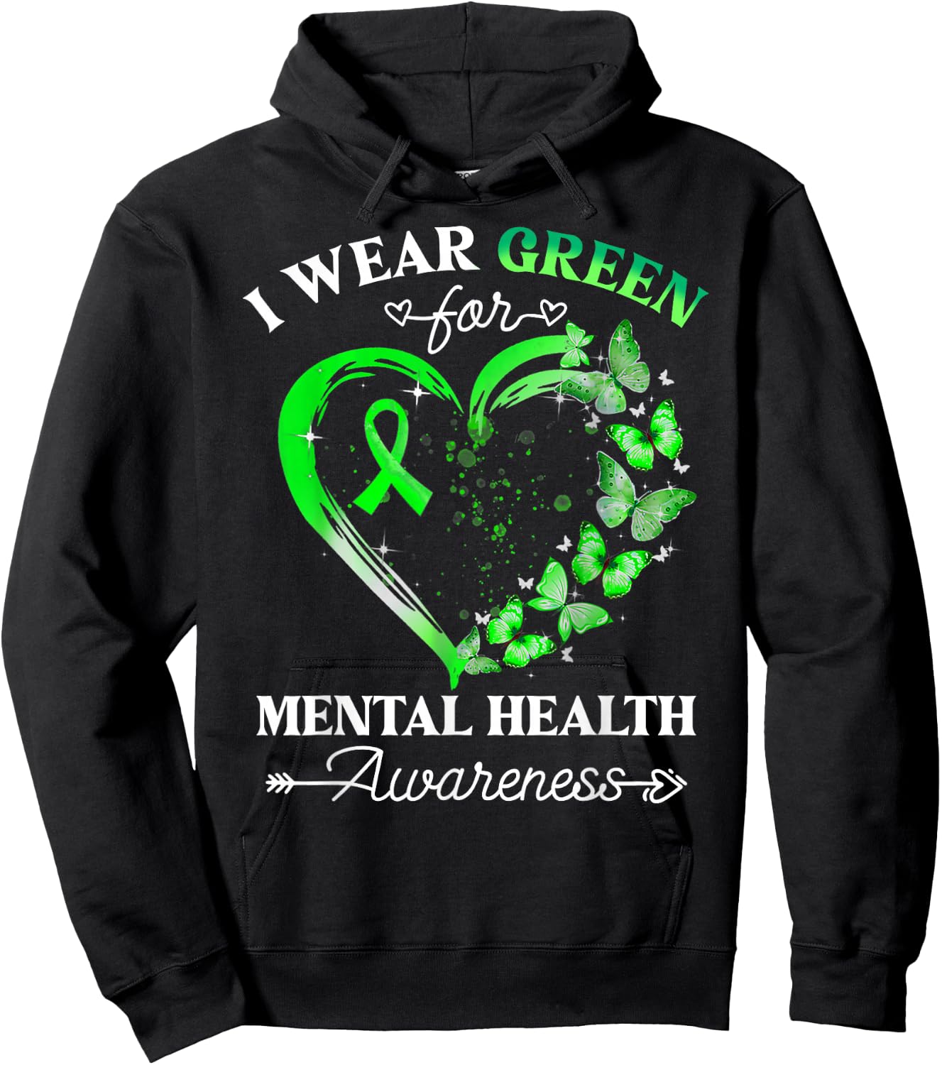 I Wear Green For Mental Health Awareness Butterfly Heart Hoodie - Hoodie | Black