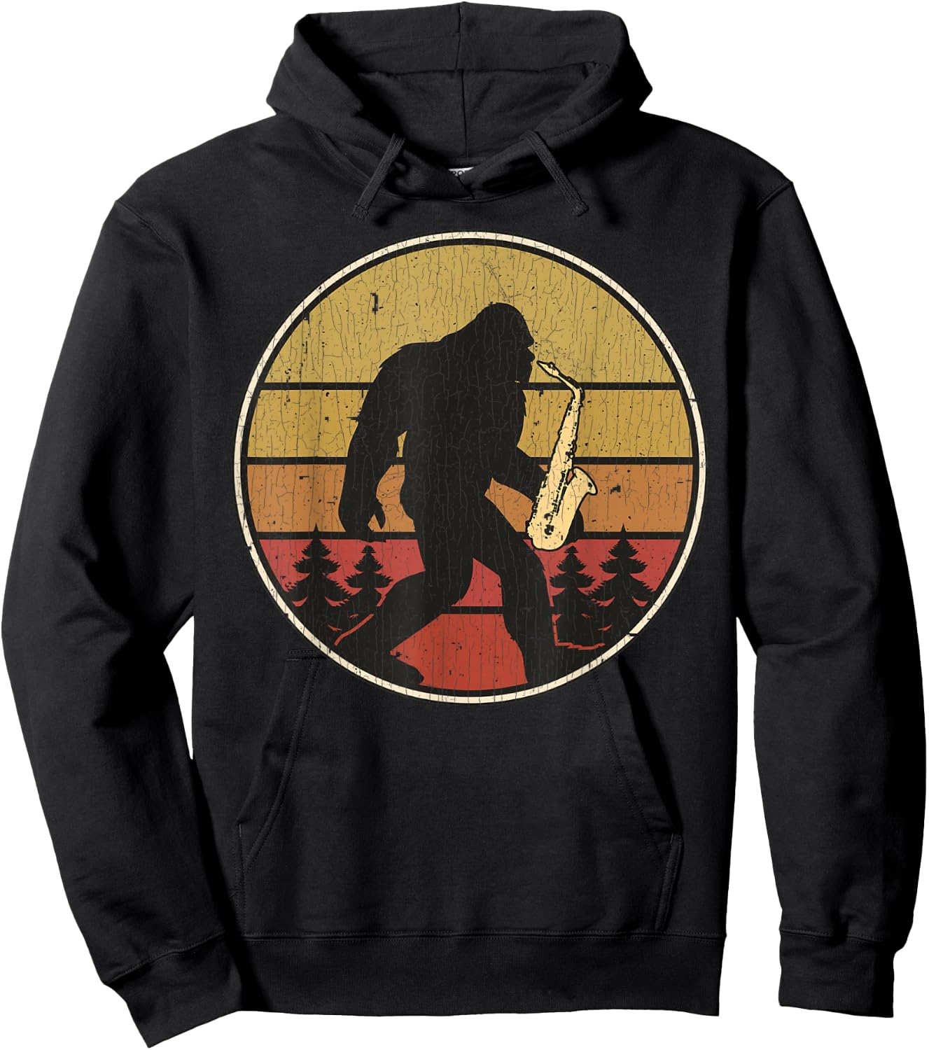 Saxsquatch Funny Bigfoot Saxophone Retro Sun Graphic Hoodie - Hoodie | Black