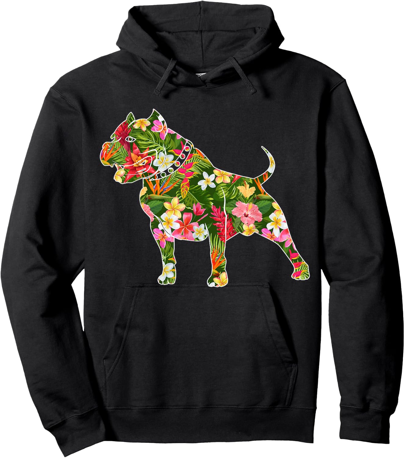 Cute Silhouette Of Pitbull Dog Hawaiian Floral Summer Vibes Hoodie - Hoodie | Black