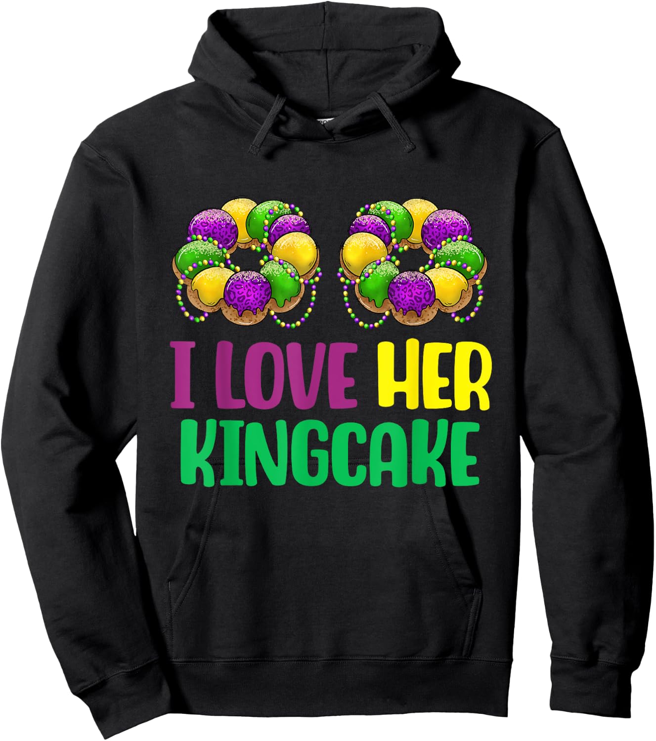 I Love Her Kingcake Mardi Gras Matching Couple Boyfriend Hoodie - Hoodie | Black