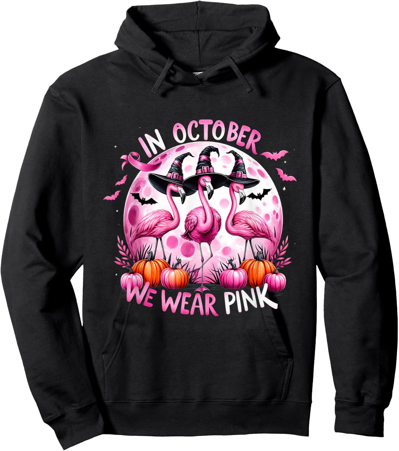 Flamingo In October We Wear Pink Breast Cancer Halloween Hoodie - Hoodie | Black