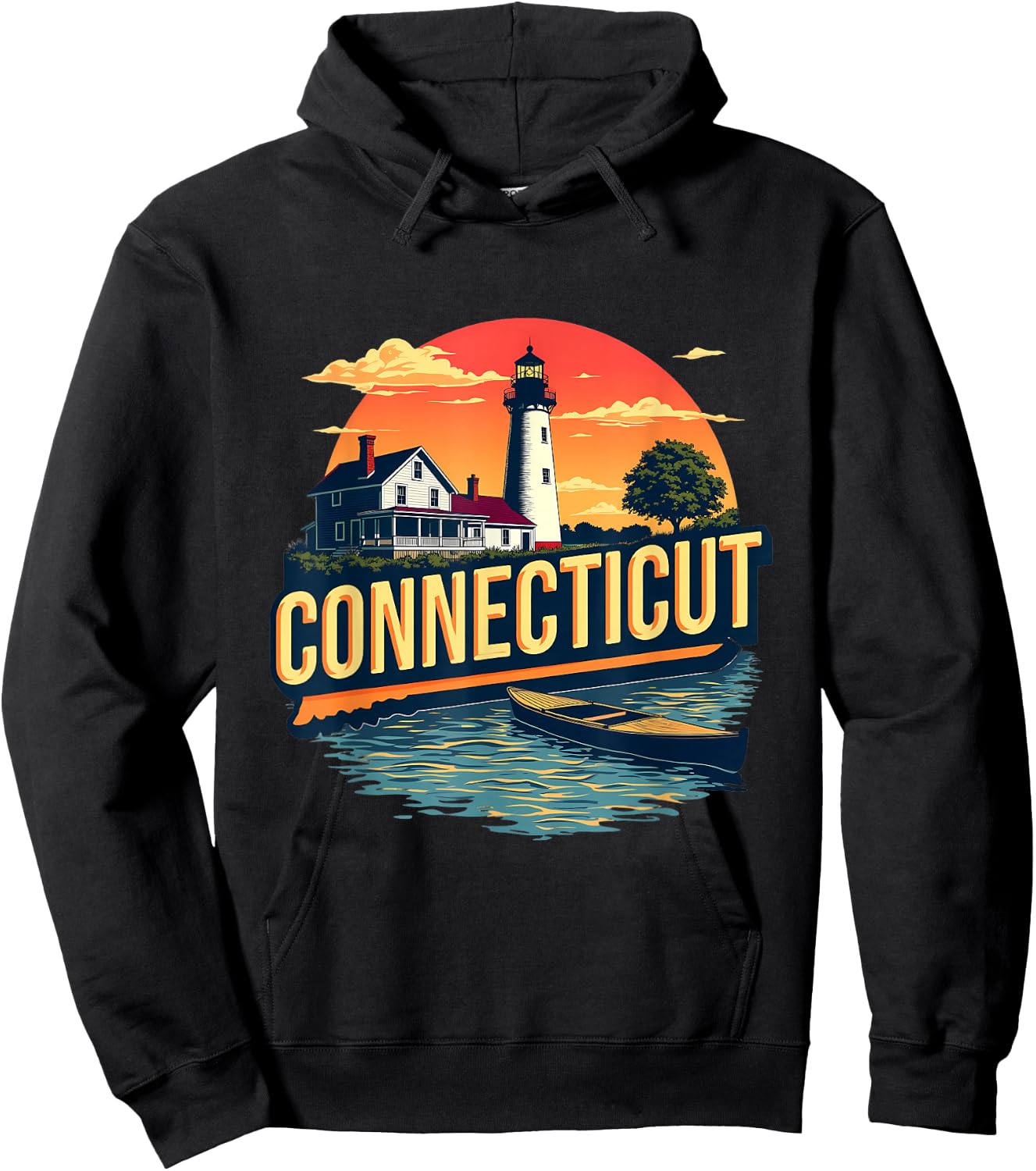 Connecticut Vintage Lighthouse Coastal Sunset Scenic Hoodie - Hoodie | Black