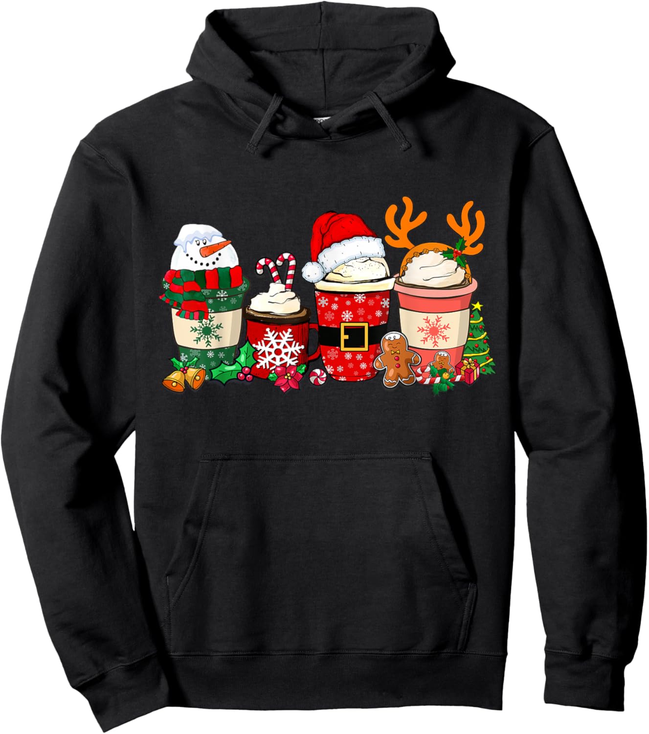 Cute Christmas Coffee Shirt Snowman Deer Santa Coffee Xmas Hoodie - Hoodie | Black