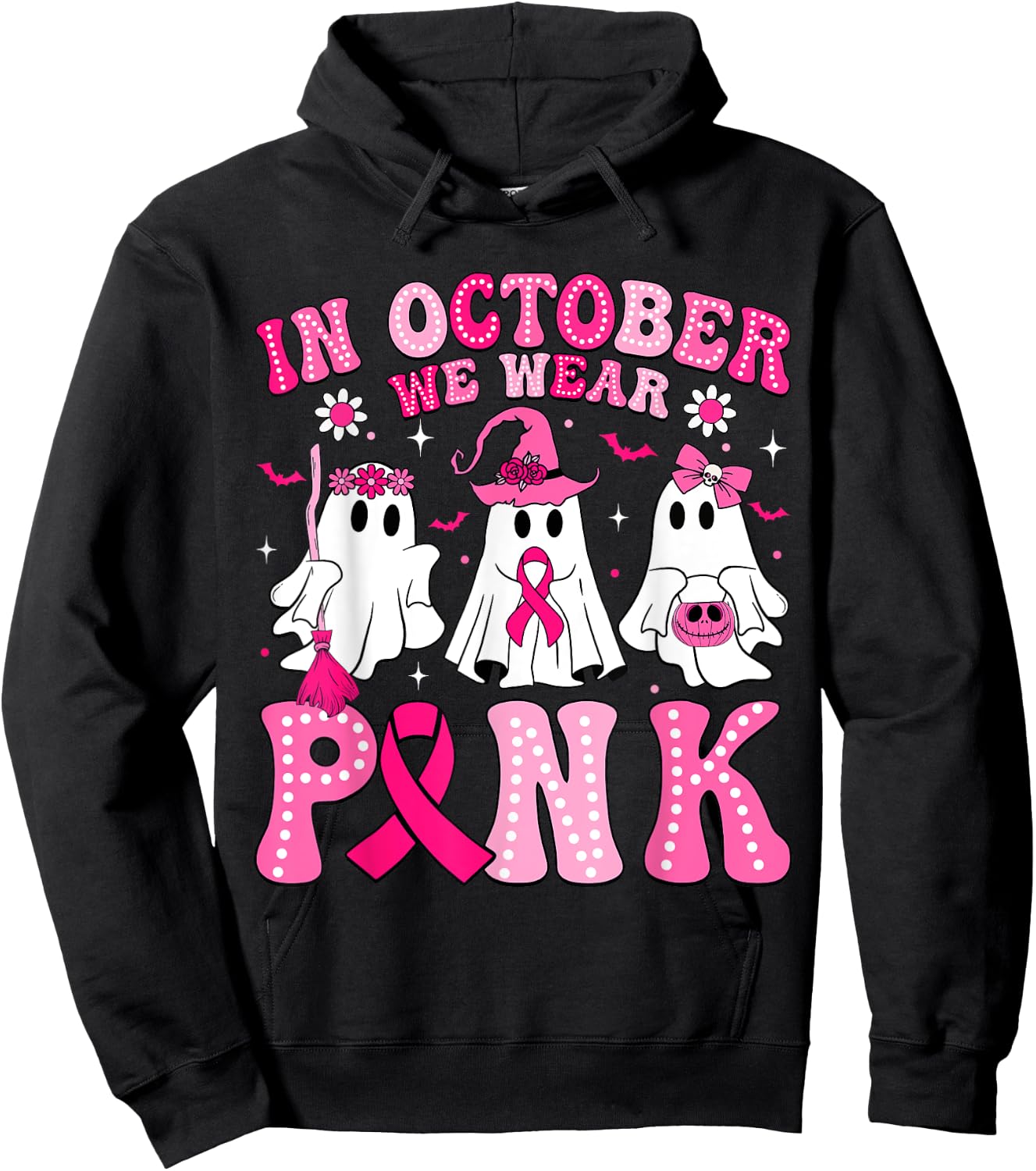 In October We Wear Pink Halloween Ghost Breast Cancer Women Hoodie - Hoodie | Black