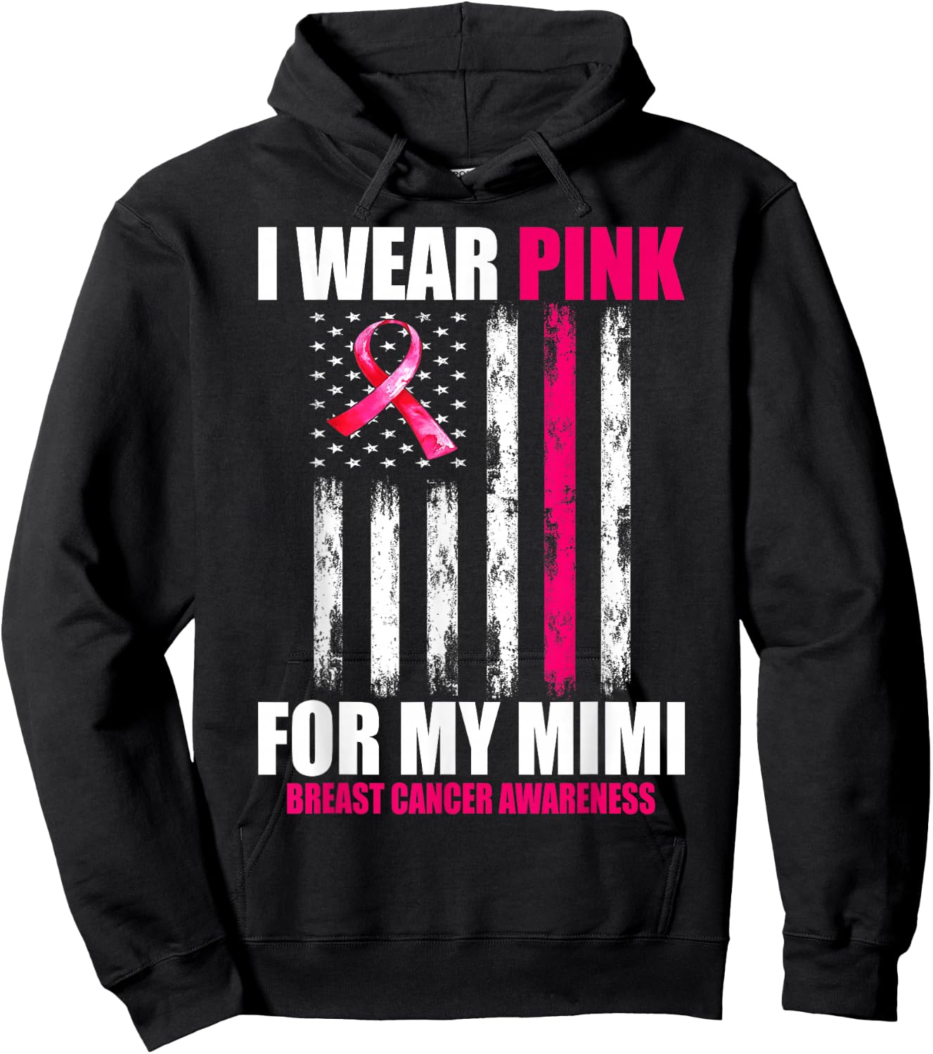 I Wear Pink For My Mimi Breast Cancer Awareness USA Flag Hoodie - Hoodie | Black