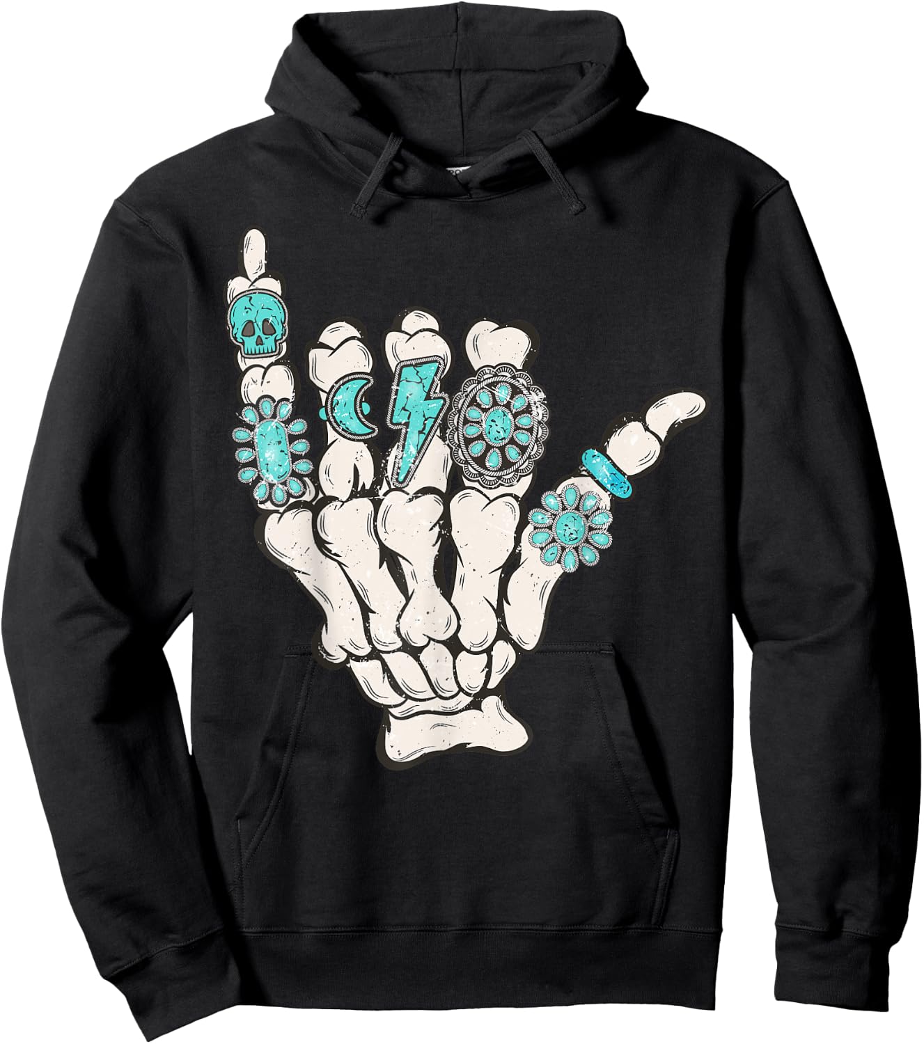 Skeleton Turquoise Hand Western Rodeo Cowboy Cowgirl Hoodie - Hoodie | Black