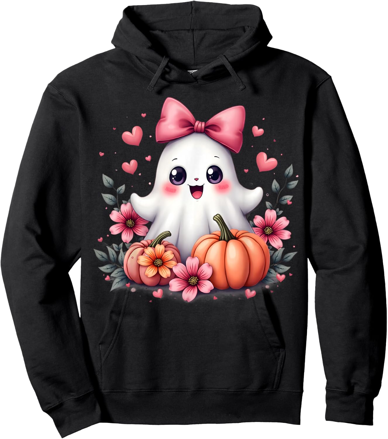 Cute Kawaii Ghost with Pink Bow Halloween Pumpkin Flowers Hoodie - Hoodie | Black