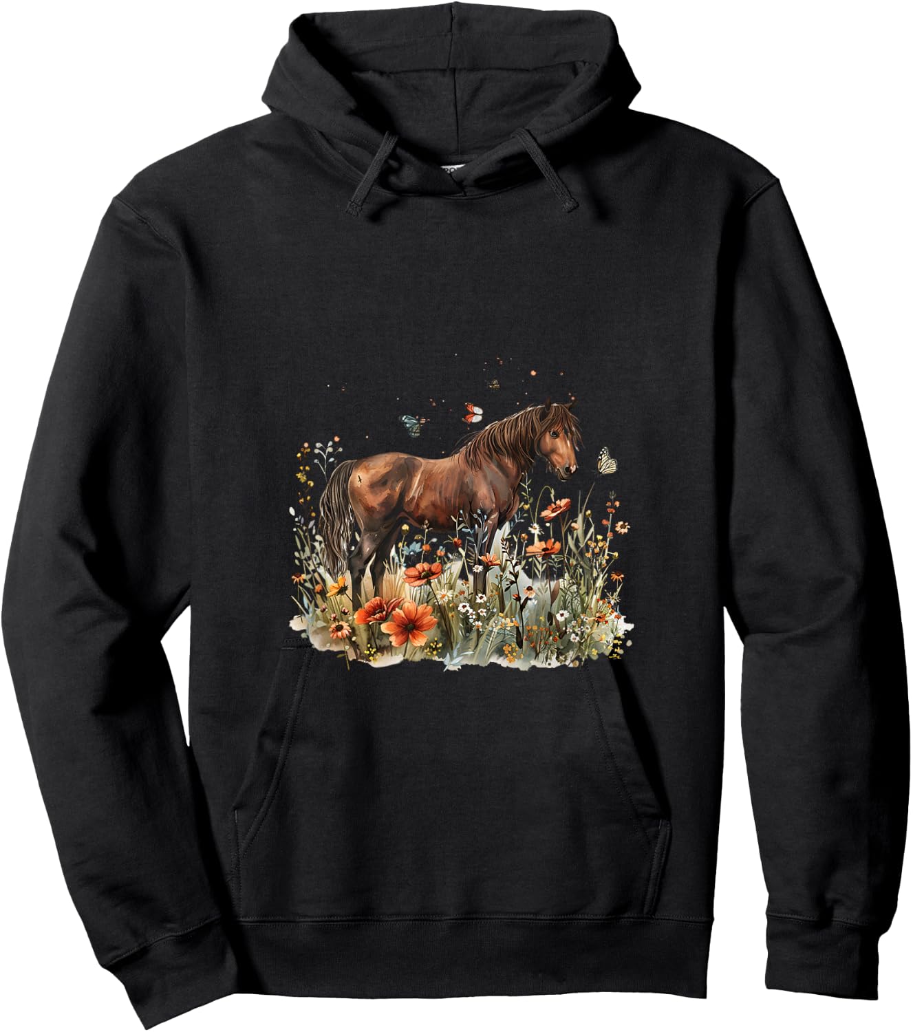 Horse in Flower Meadow with Butterflies Hoodie - Hoodie | Black
