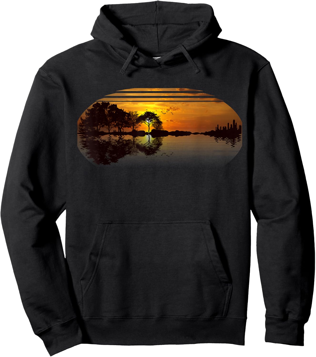Guitar Sunset Sky Trees City Lake Reflection Stylish Design Hoodie - Hoodie | Black