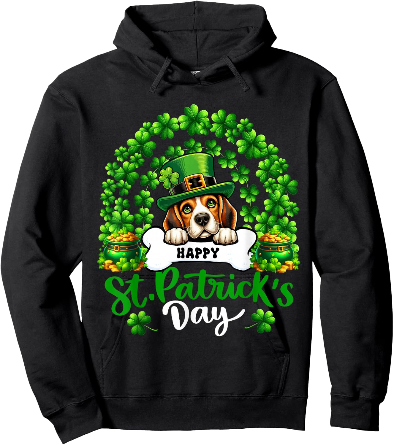 Happy St. Patrick's Day Beagle Shamrocks Rainbow Lover Hoodie - Hoodie | Black