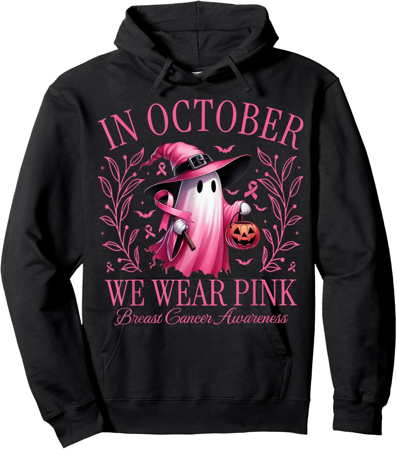 In October We Wear Pink Ghost Witch Breast Cancer Awareness Hoodie - Hoodie | Black