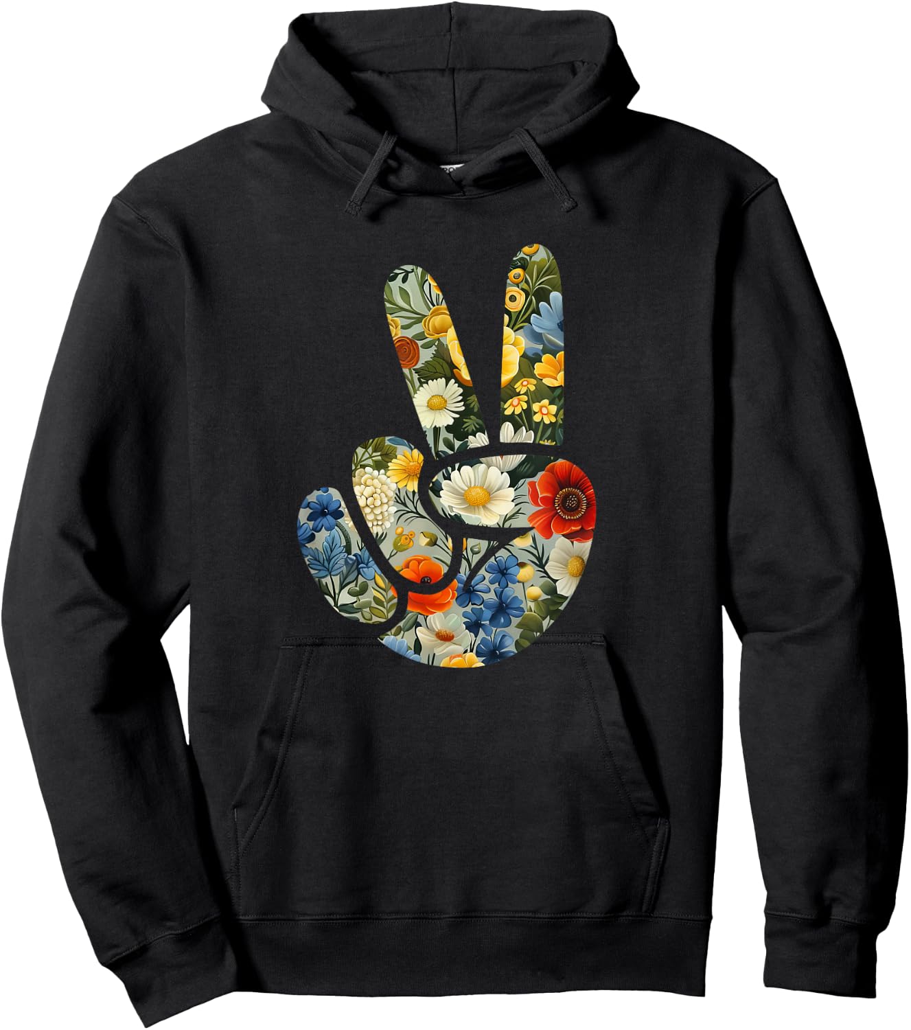 Elegant Silhouette Wildflowers Floral Peace Sign Hand Hoodie - Hoodie | Black