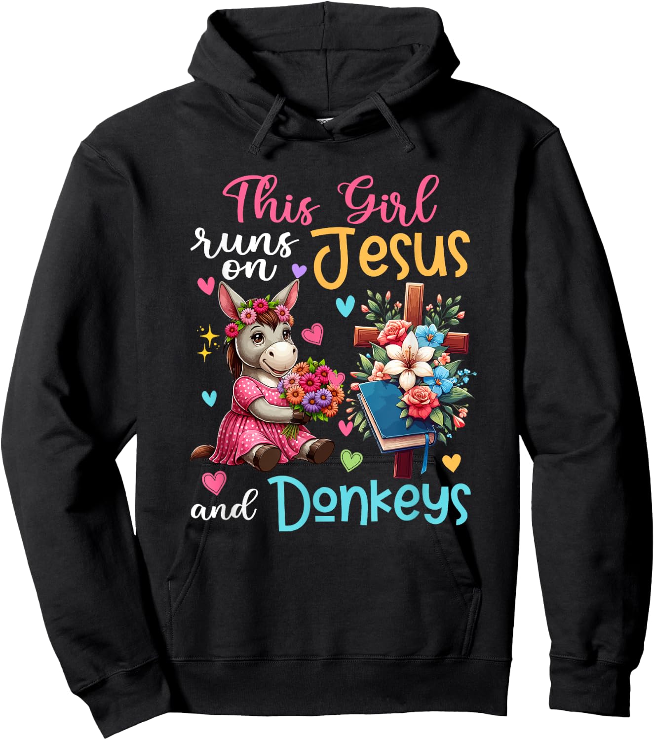 Girl Runs On Jesus And Donkeys Cute Flowers Christian Cross Hoodie - Hoodie | Black