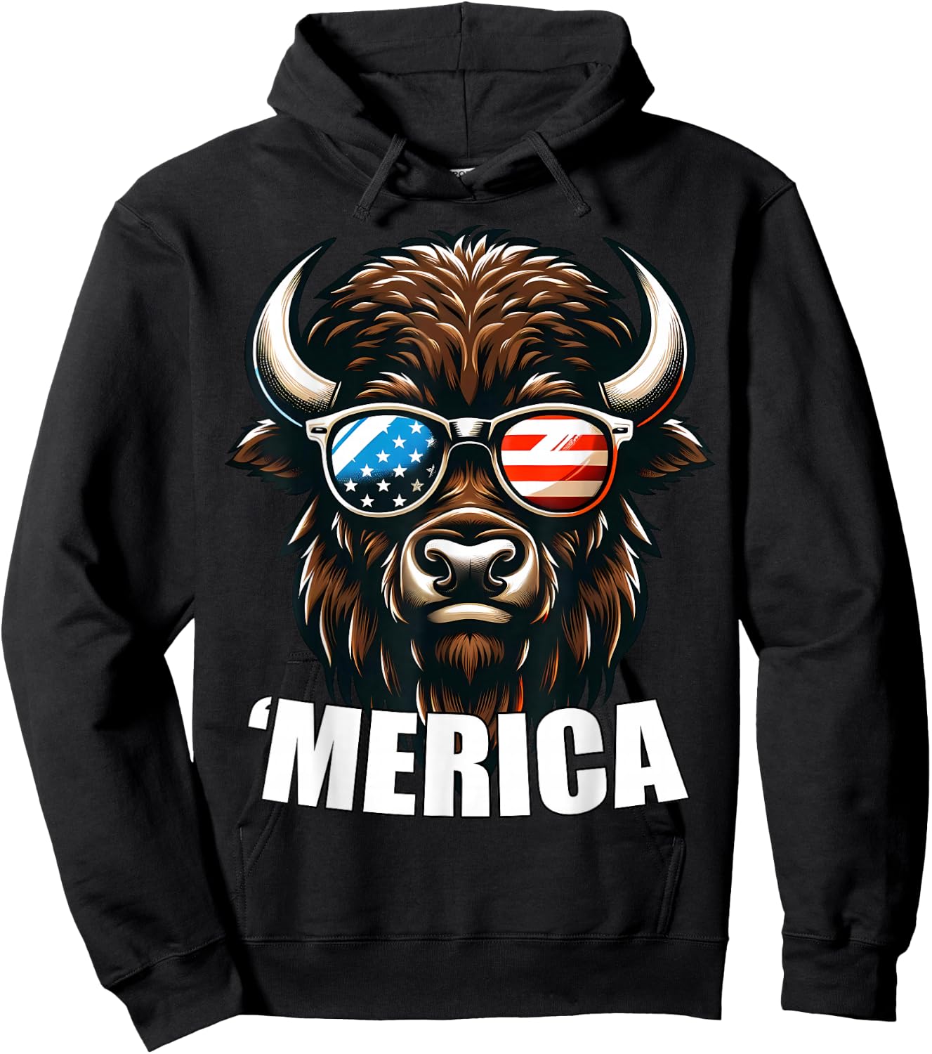 Merica Bison Funny American Patriotic USA 4th of July Hoodie - Hoodie | Black