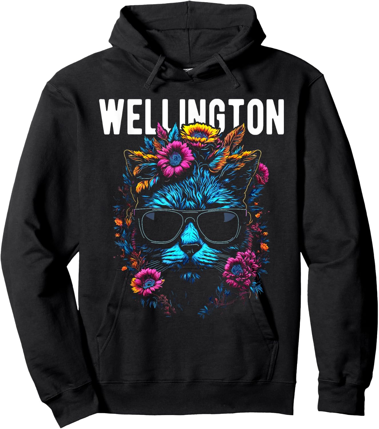 Wellington Cat Wearing Sunglasses and Flowers Design Women Kids Hoodie - Hoodie | Black