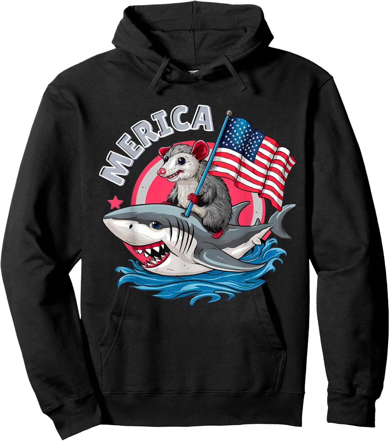 Funny Opossum Riding Shark American Flag USA 4th of July Hoodie - Hoodie | Black