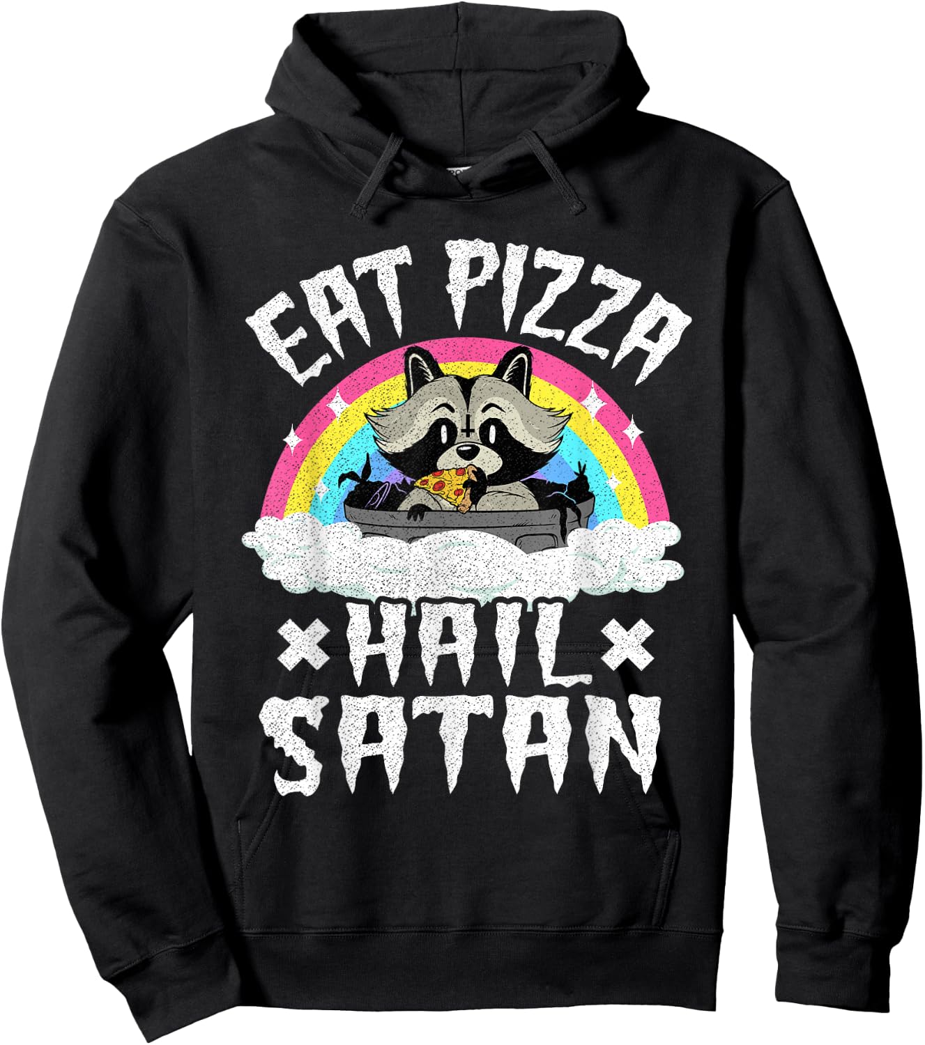 Eat Pizza Hail Satan Raccoon Punk Band Death Metal Rainbow Hoodie - Hoodie | Black