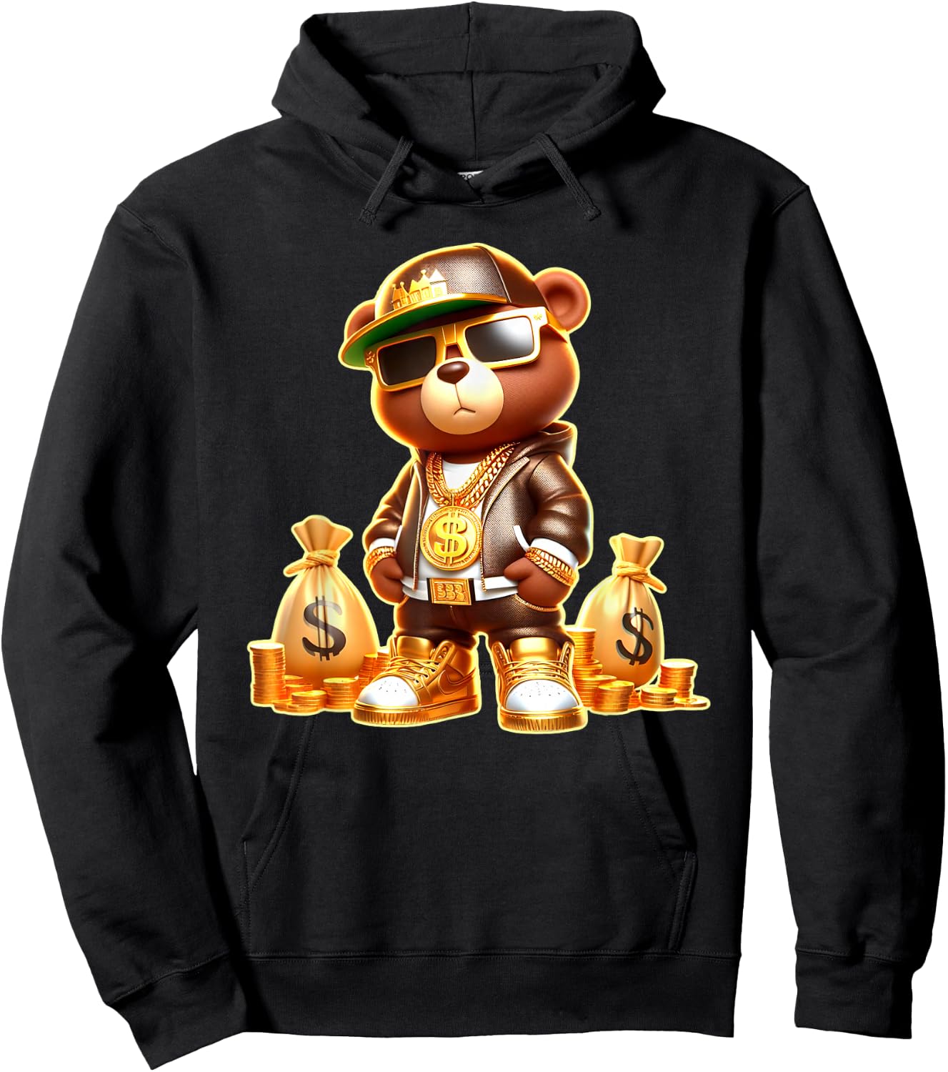 Golden Teddy Bear Boss Money Bags Golden Coins & Chain Hoodie - Hoodie | Black