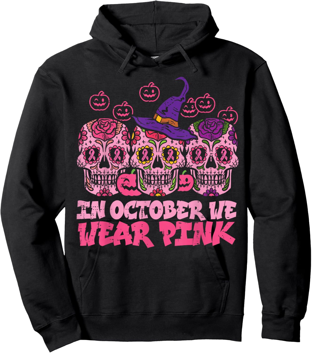 In October We Wear Pink Sugar Skull Halloween Breast Cancer Hoodie - Hoodie | Black