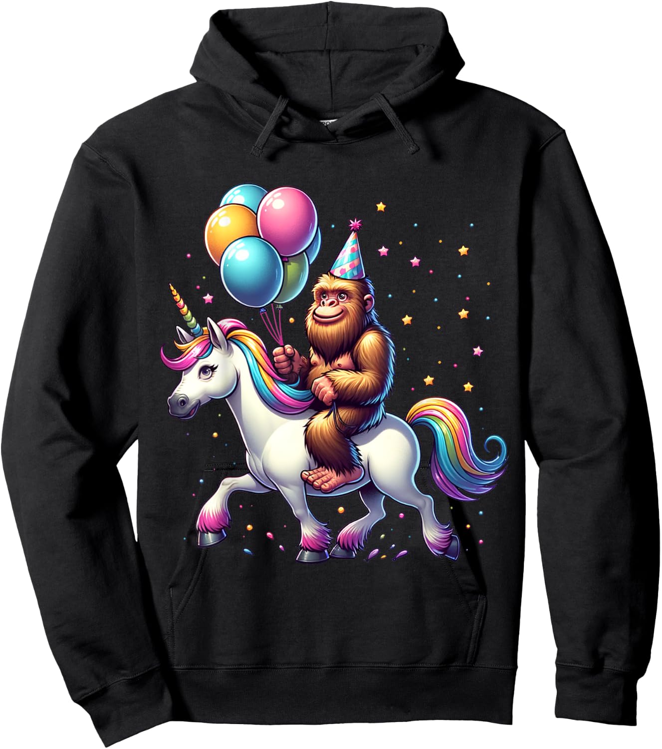 Bigfoot Sasquatch Riding Unicorn. Funny Bigfoot Birthday Hoodie - Hoodie | Black
