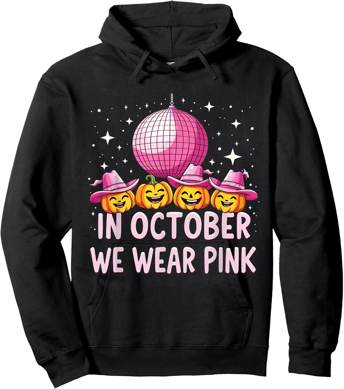 In October We Wear Pink Breast Cancer Pumpkin Cowgirl Wester Hoodie - Hoodie | Black