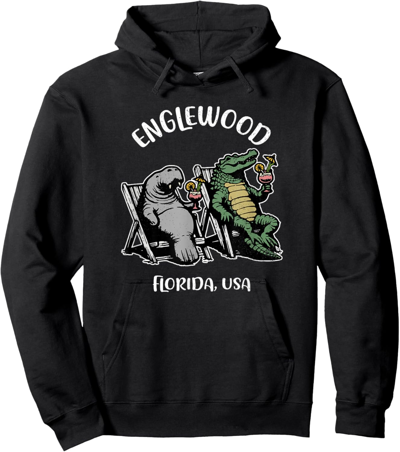 Englewood Florida USA Funny Manatee and Alligator Design Hoodie - Hoodie | Black