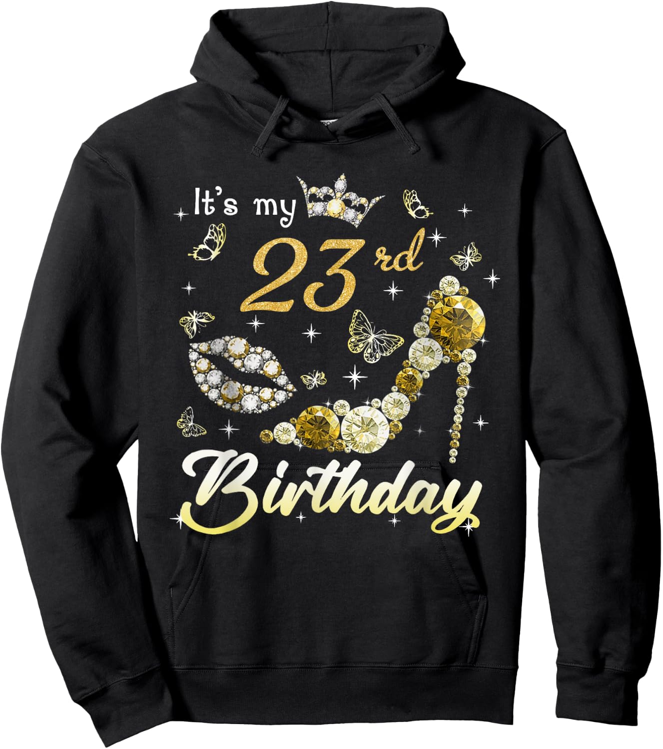 It's My 23rd Birthday Queen 23 Year Old Crown Gold High Heel Hoodie - Hoodie | Black