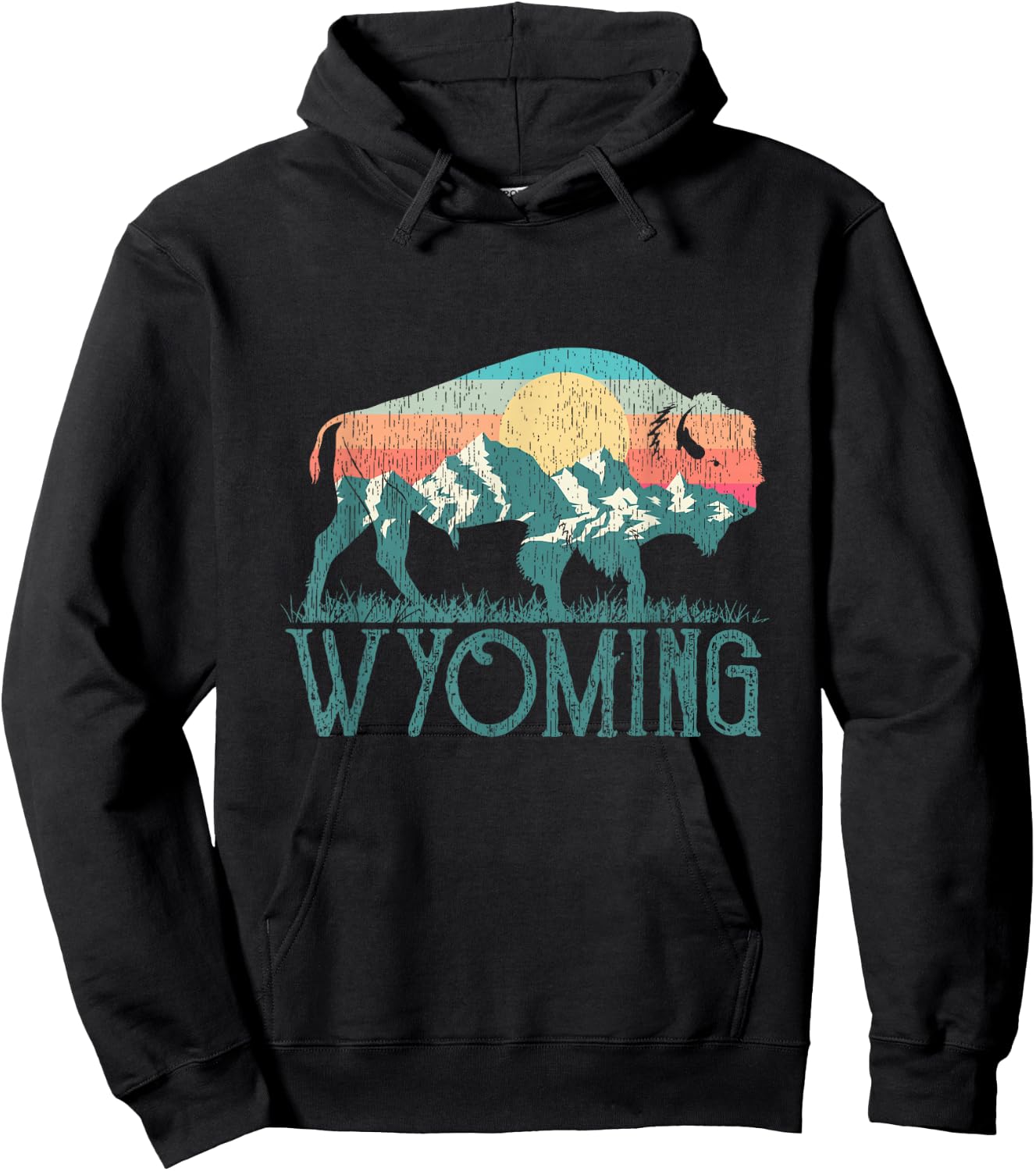 Bison Buffalo Retro Mountains WY Wyoming Hoodie - Hoodie | Black