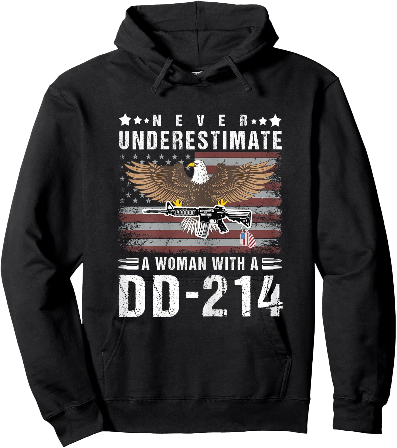 Never Underestimate A Woman With A DD-214 Veteran USA Flag Hoodie - Hoodie | Black