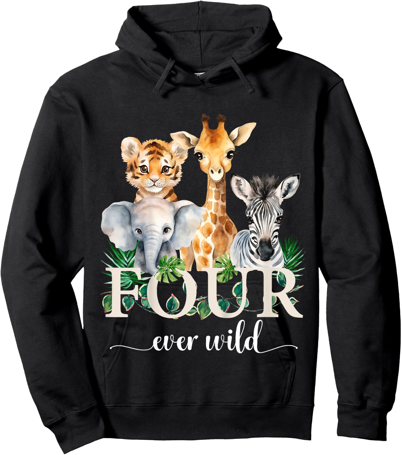 Kids Jungle Birthday Four Ever Wild Zoo Safari Party 4th Animals Hoodie - Hoodie | Black