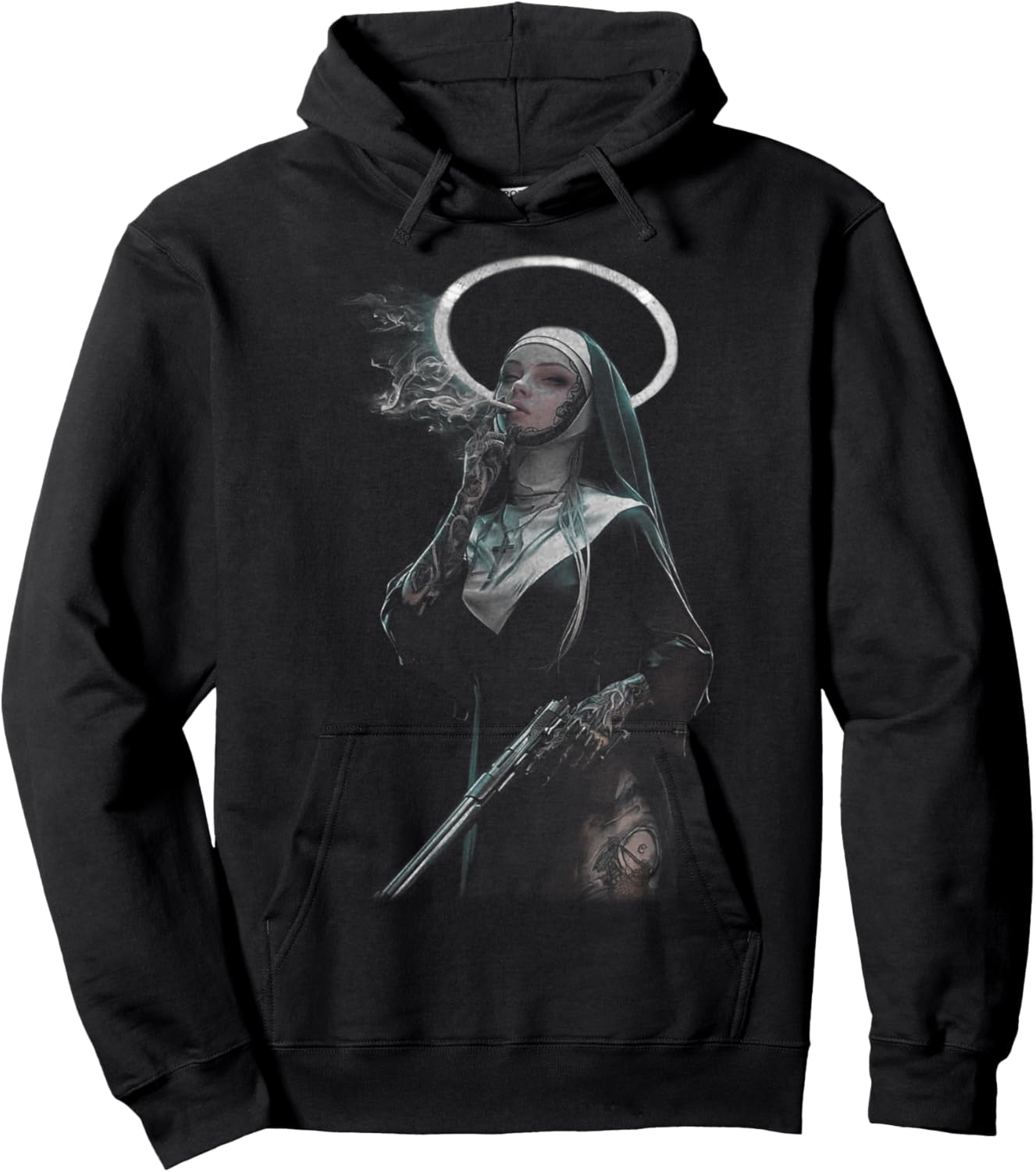 Peachbruh Vintage Cool Smoking Nun Art Dark Style Hoodie - Hoodie | Black
