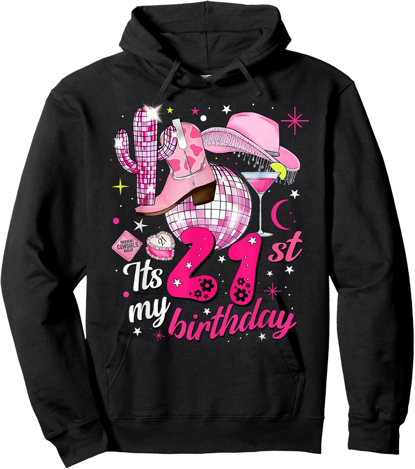 Howdy Cowboy Hat Pink Boots Disco Ball 21st Birthday Hoodie - Hoodie | Black