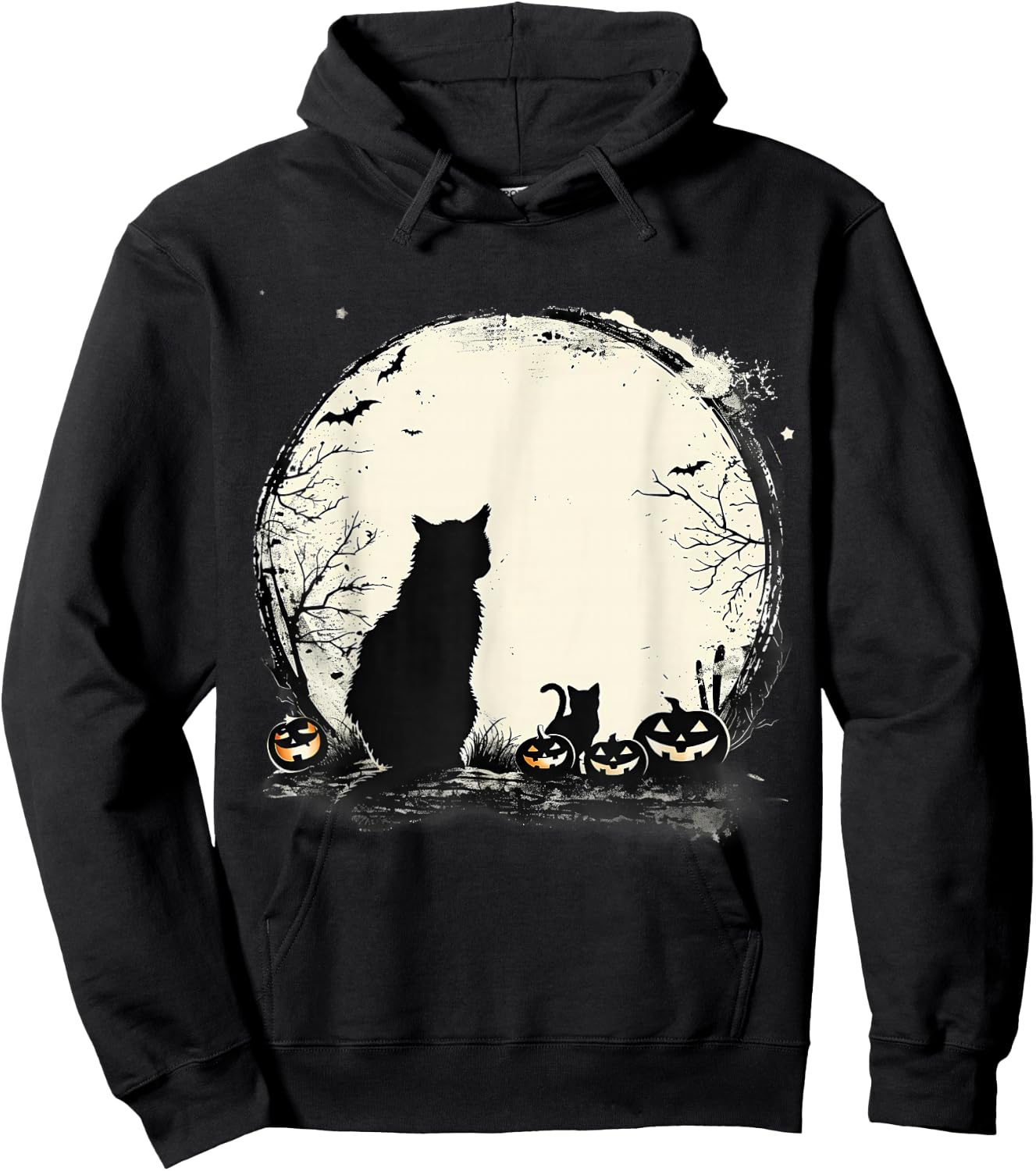 Black Cat Halloween Spooky Moon Artwork Pumpkin Bats Hoodie - Hoodie | Black