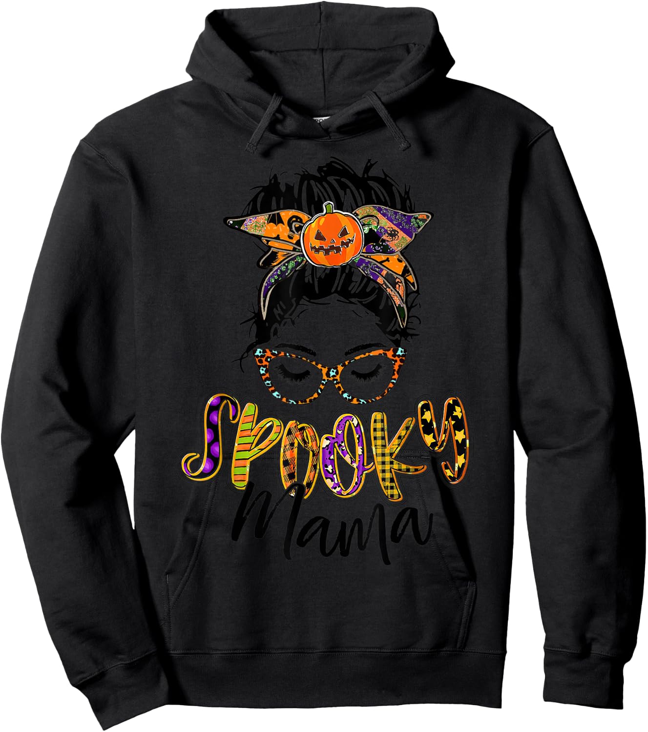 Women Spooky Mama Messy Bun Pumpkin Patch Halloween Hoodie - Hoodie | Black