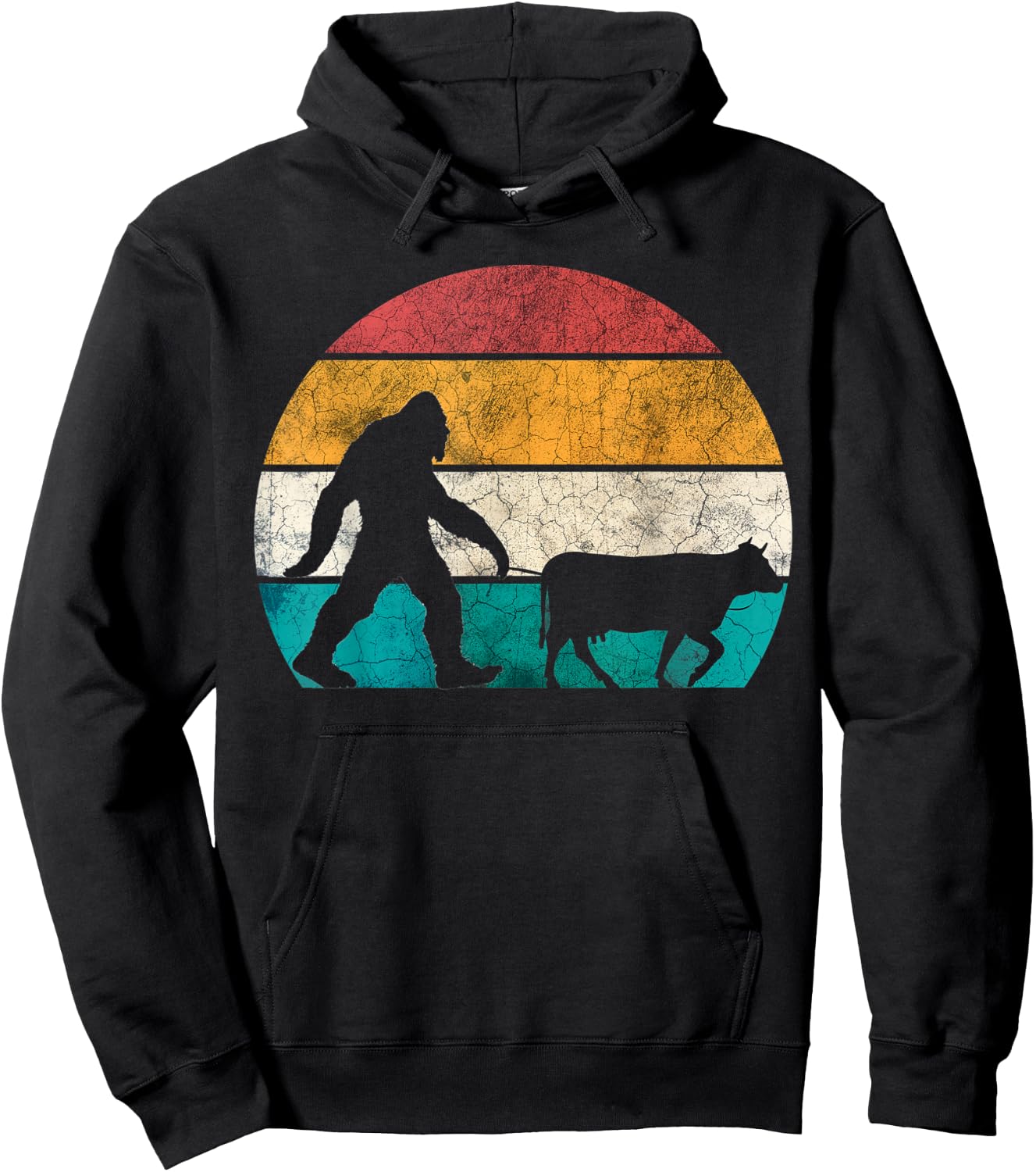 Funny Bigfoot Walking Cow Retro Vintage Hoodie - Hoodie | Black