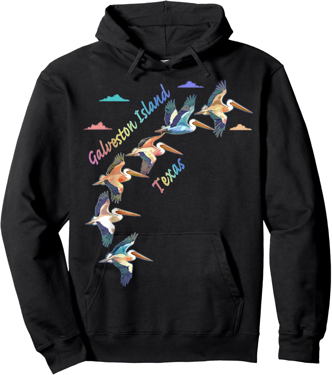 Galveston Island Texas Colorful Tie-Dye Pelican Art Hoodie - Hoodie | Black