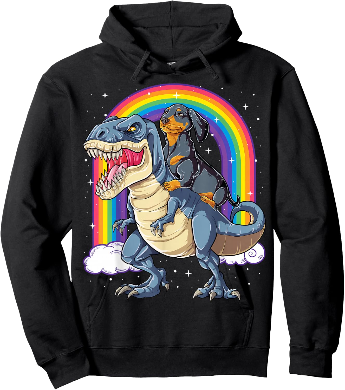 Dachshund Riding Dinosaur T-rex Boys Girls Rainbow Men Women Hoodie - Hoodie | Black