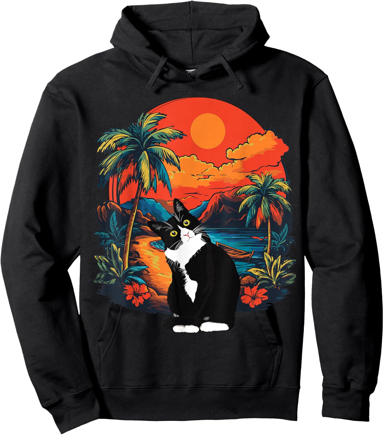 Hawaiian Tropical Tuxedo Cat Mom Dad Gift Animal Lovers Hoodie - Hoodie | Black