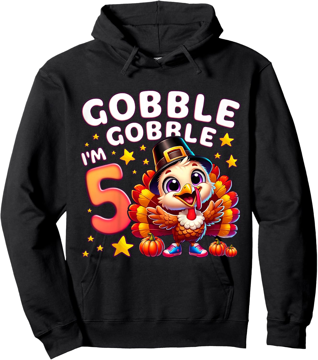 Kids 5th Birthday Girl Thanksgiving Turkey Gobble Gobble I'm 5 Hoodie - Hoodie | Black