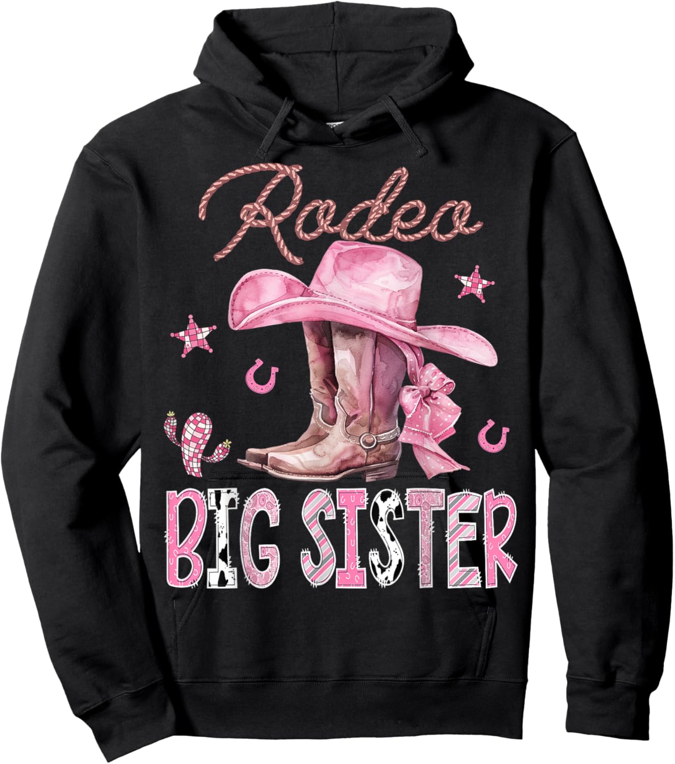 Rodeo Big Sister Pink Boots Coquette CowGirl Birthday Party Hoodie - Hoodie | Black