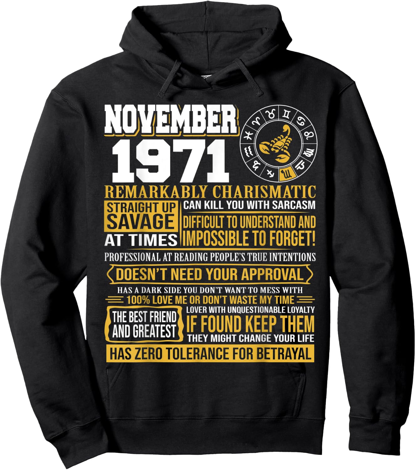 November Birthday Gifts - Born November Scorpio 1971 Funny Hoodie - Hoodie | Black