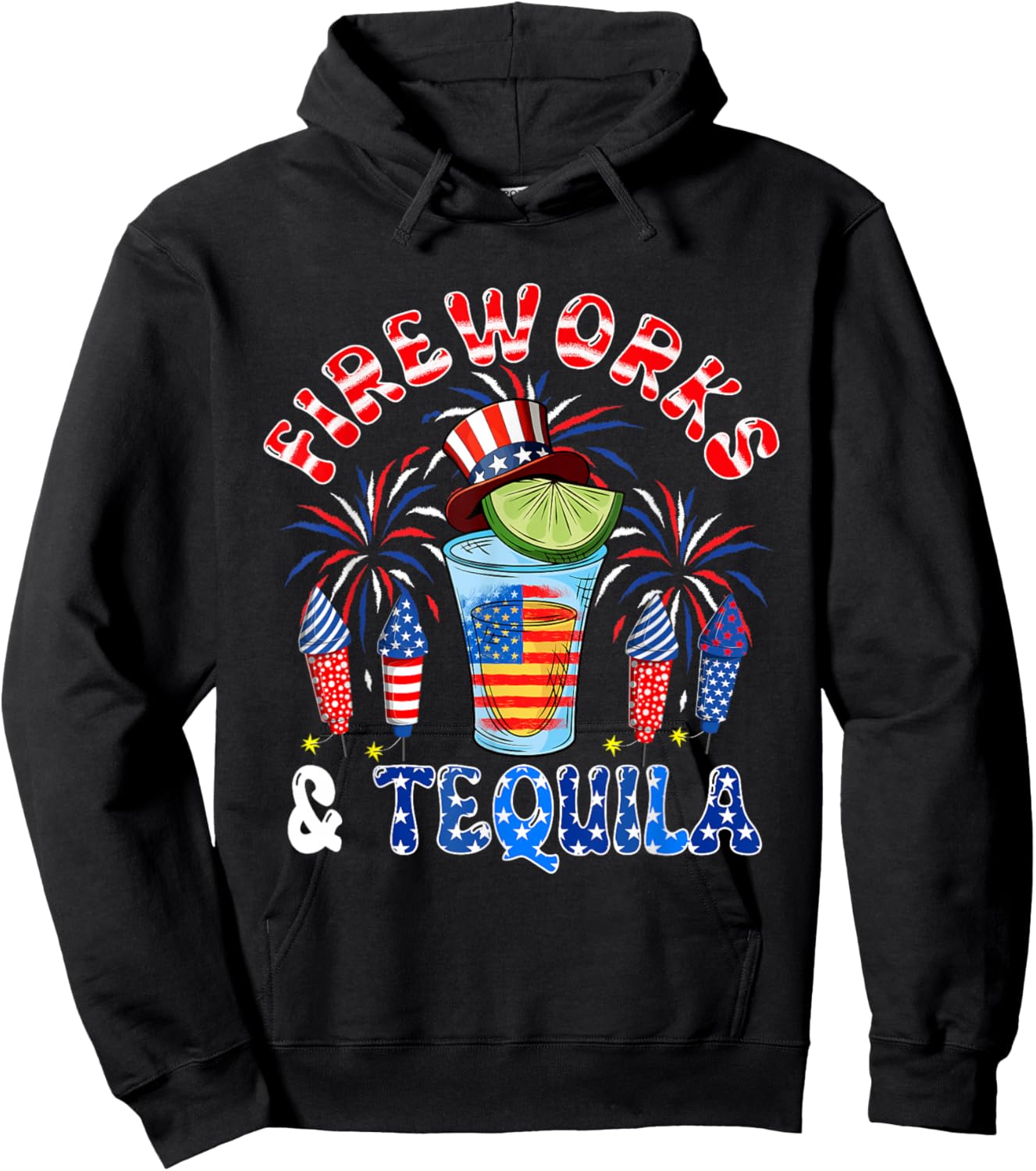 Fireworks And Tequila 4th Of July US Flag Fireworks Dinker Hoodie - Hoodie | Black