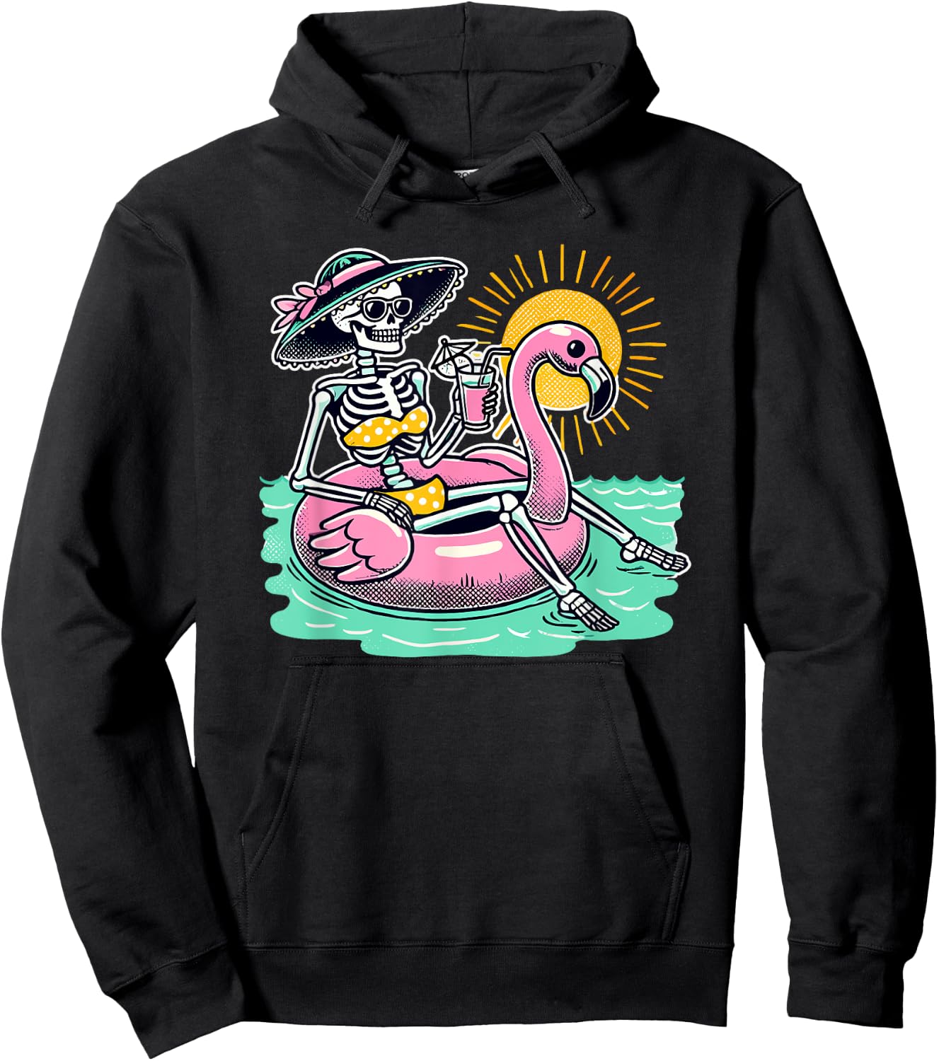 Retro Summer Skeleton Flamingo Float Vacation Beach Drink Men Women Hoodie - Hoodie | Black