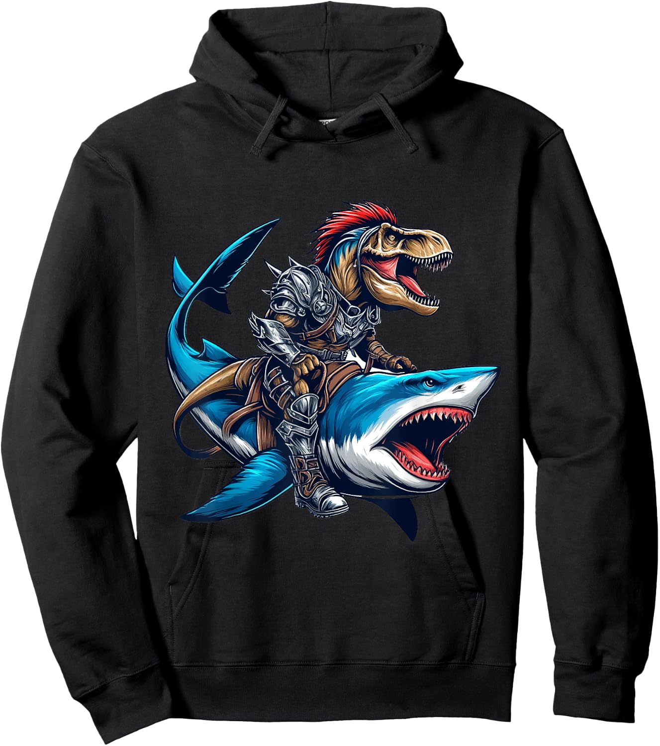 T-Rex Riding Great White Shark into Battle Awesome Kid Hoodie - Hoodie | Black