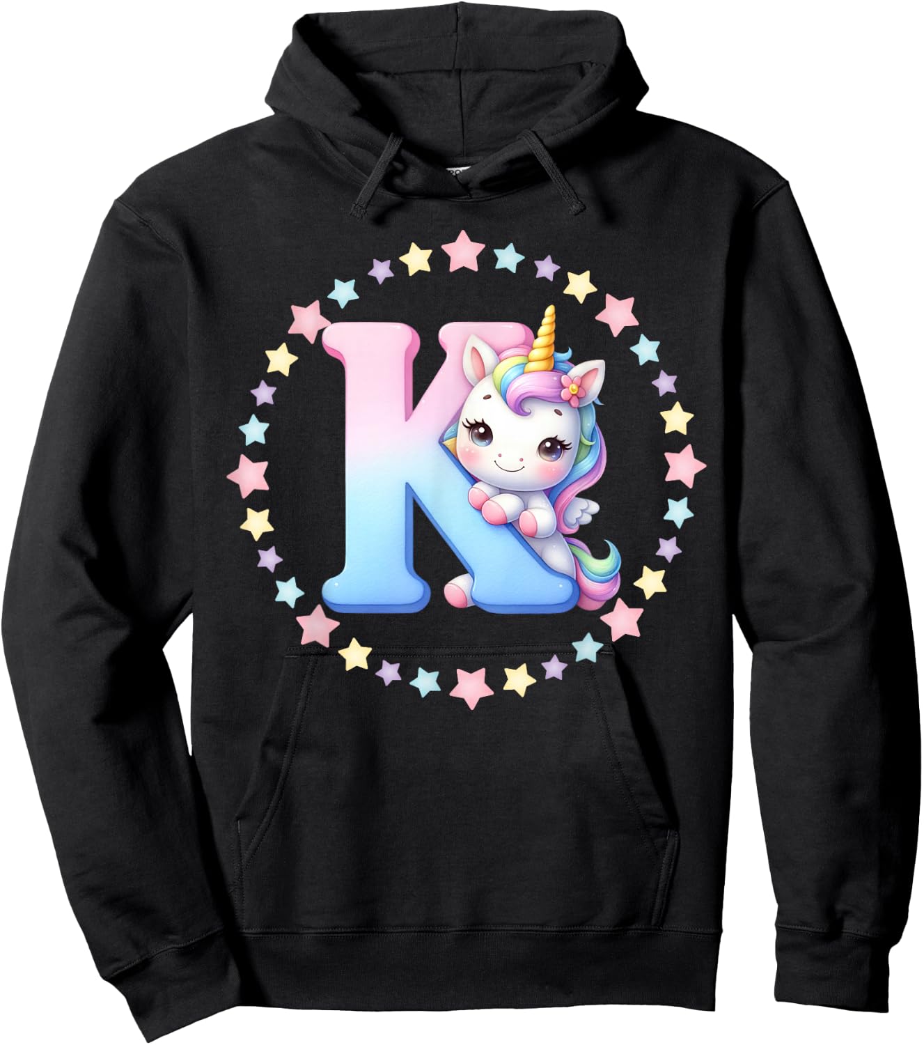 Unicorn Letter K Initial Rainbow Monogram Women Girls Kids Hoodie - Hoodie | Black