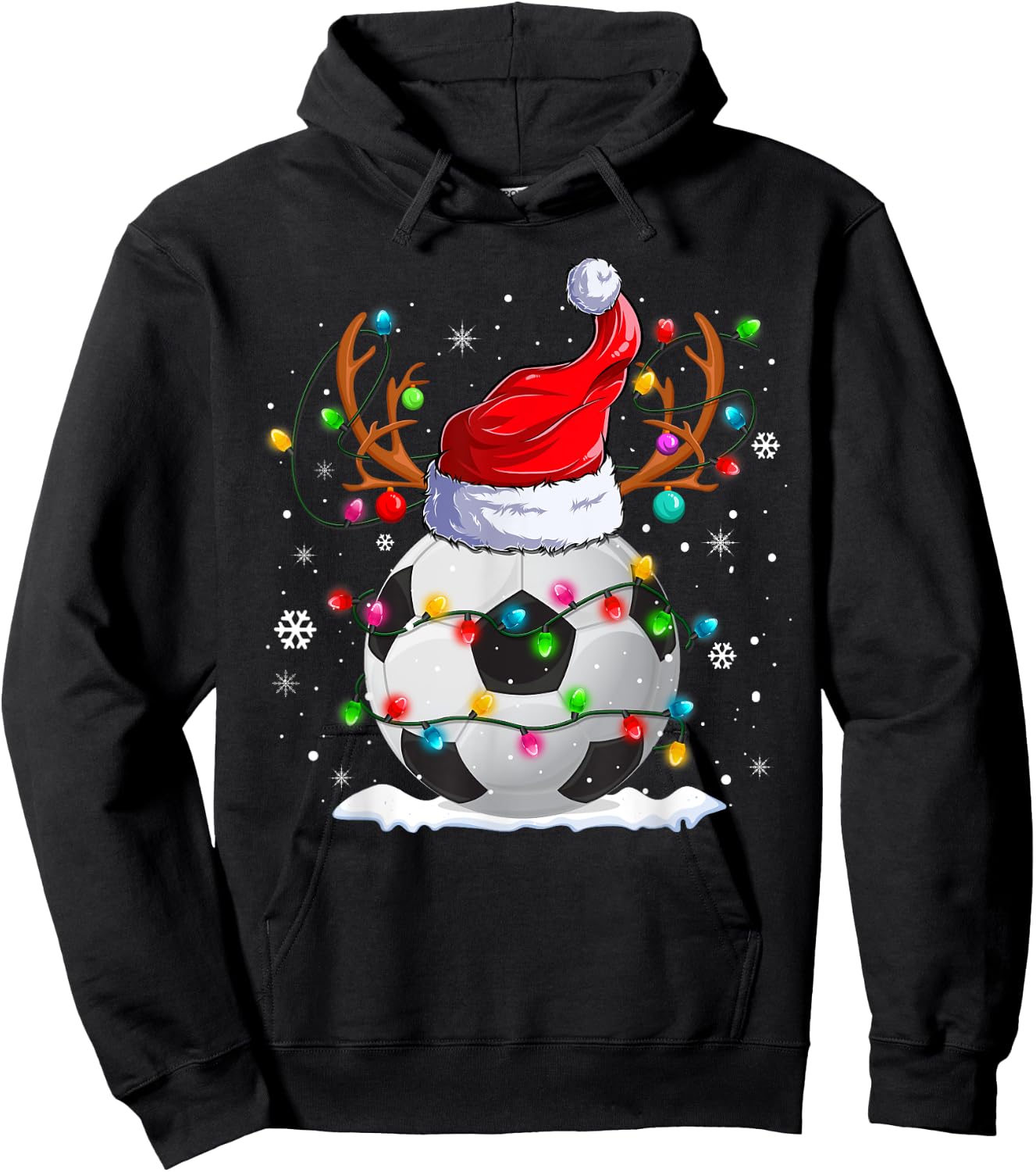 Soccer Santa Hat Reindeer Christmas Lights Funny Xmas Hoodie - Hoodie | Black