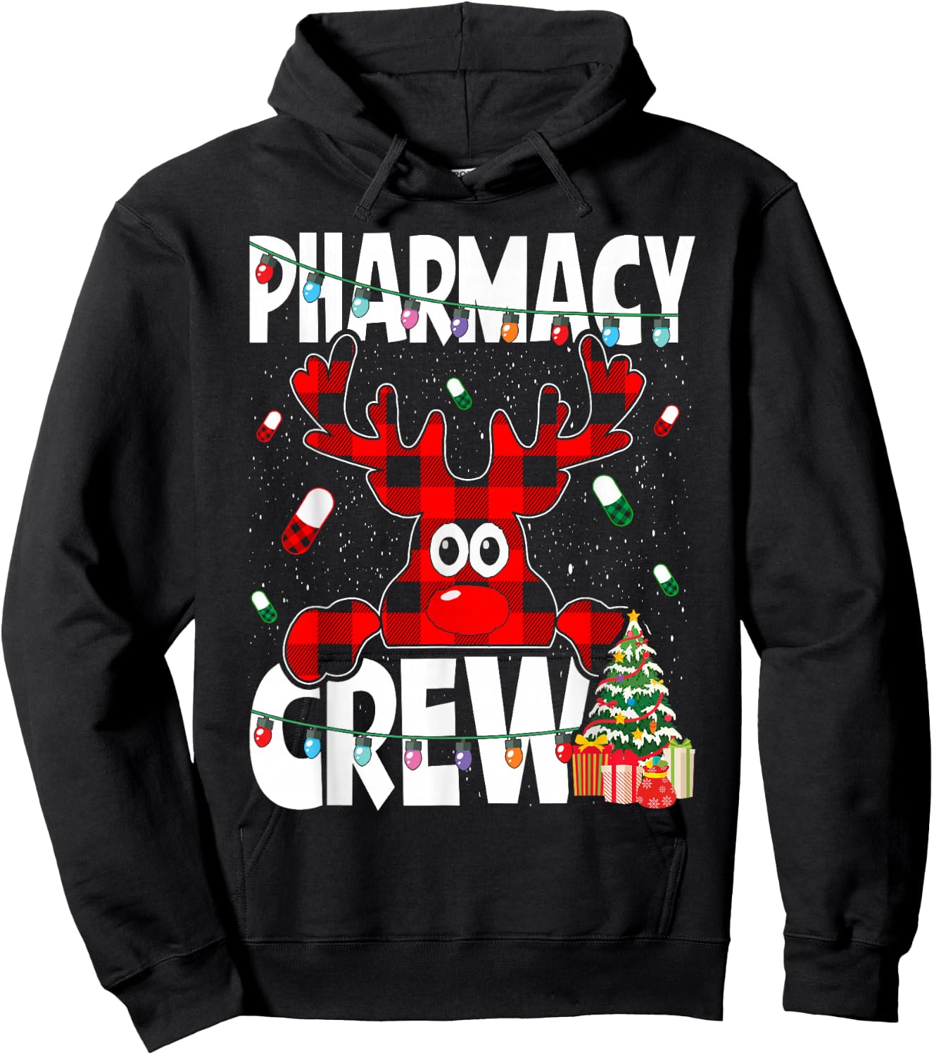 Funny Red Plaid Reindeer Pharmacy Crew Christmas Hoodie - Hoodie | Black
