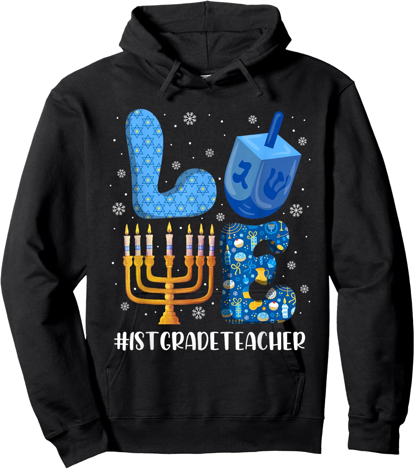LOVE 1st Grade Teacher Christmas Hanukkah Jewish Holiday Hoodie - Hoodie | Black