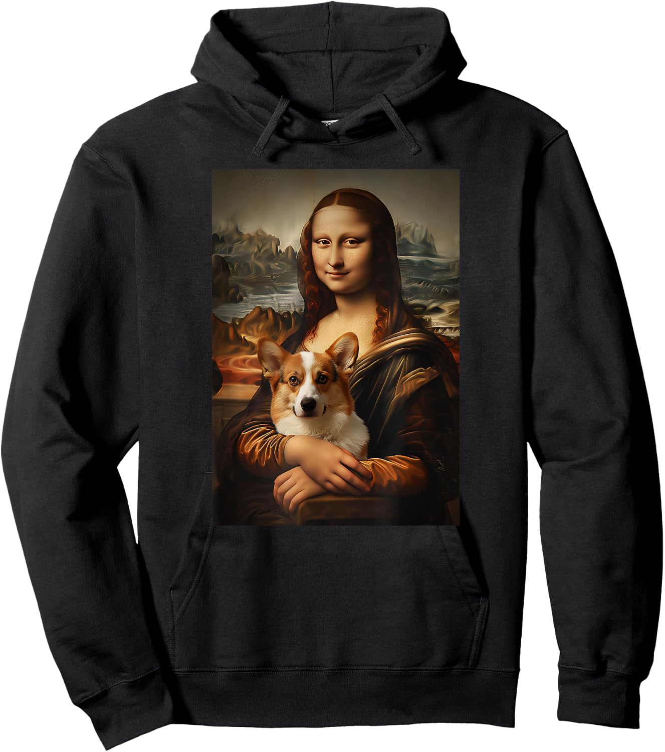 Corgi Mona Lisa Painting Art Dog Mom Dad Hoodie - Hoodie | Black