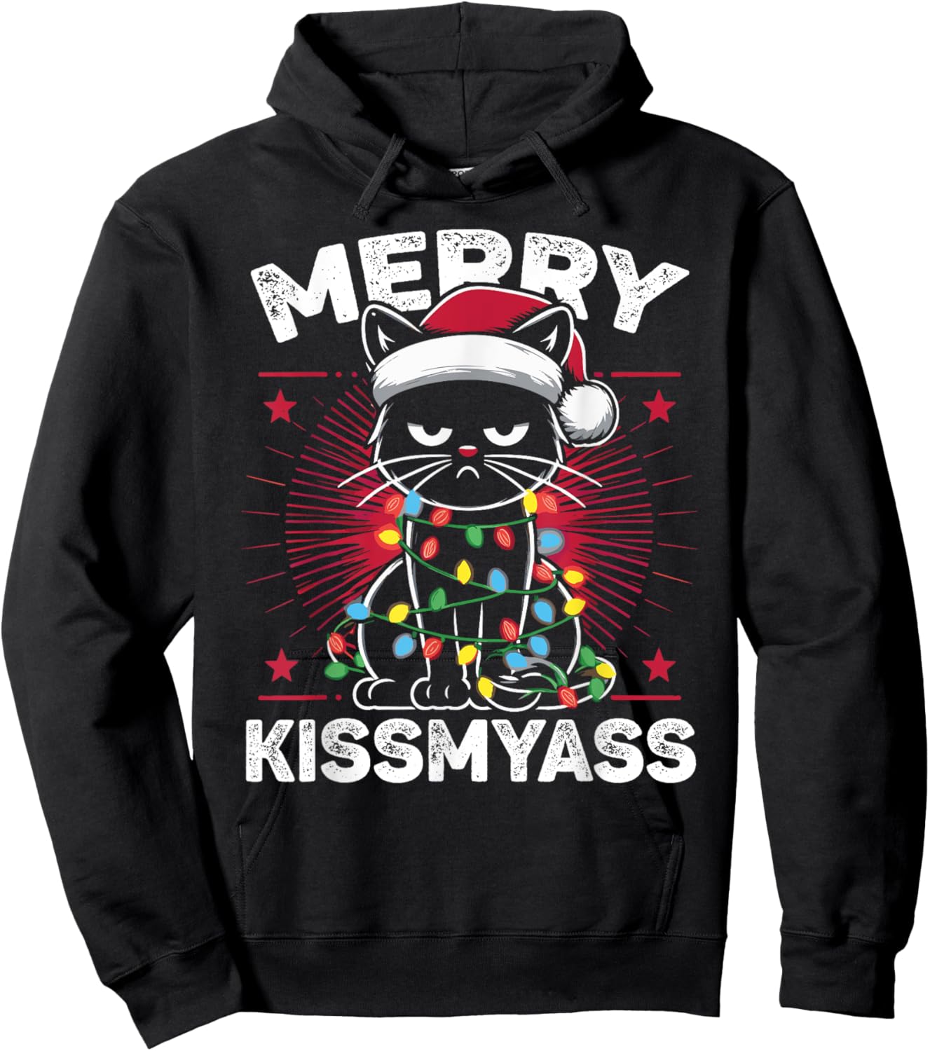 Merry Kissmyass Funny Cat Christmas Lights Christmas Cat Hoodie - Hoodie | Black
